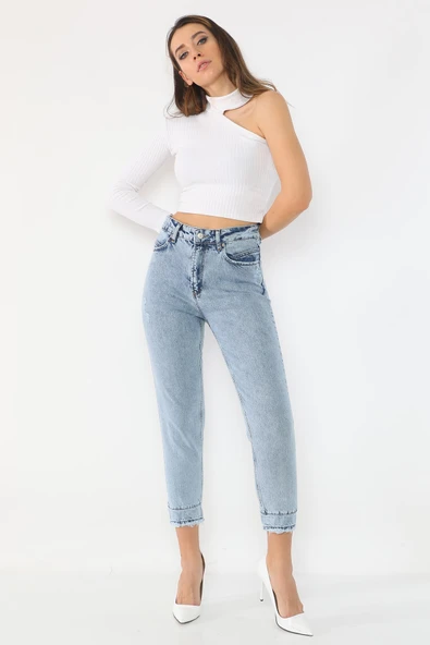 Yüksek Bel Paçası Yırtmaçlı Mom Jeans Kot Pantolon - 7