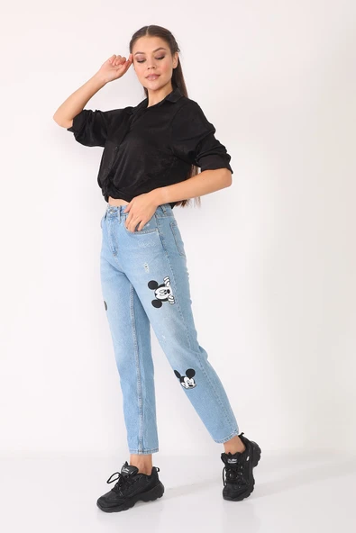 Yüksek Bel Baskılı Boyfriend Kot Pantolon - 8