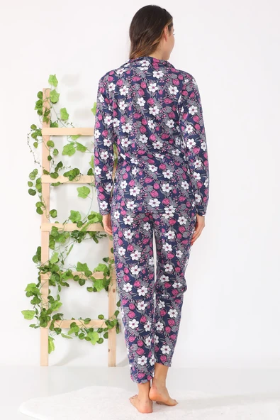 Çiçekli Düğmeli Pijama Takımı - 5