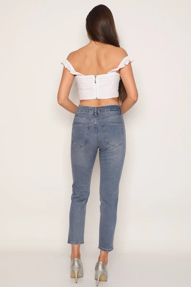 Dizde Pullu ve Yırtık Mom Jean Kot Pantolon - 6