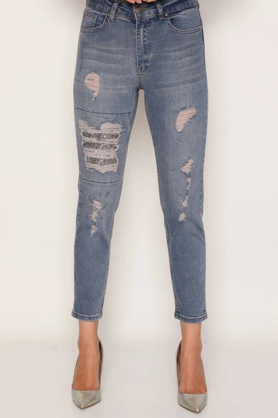 Dizde Pullu ve Yırtık Mom Jean Kot Pantolon - 5