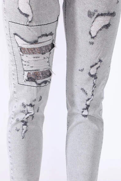 Dizde Pullu ve Yırtık Mom Jean Kot Pantolon - 10