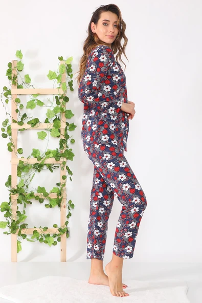 Çiçekli Düğmeli Pijama Takımı - 7