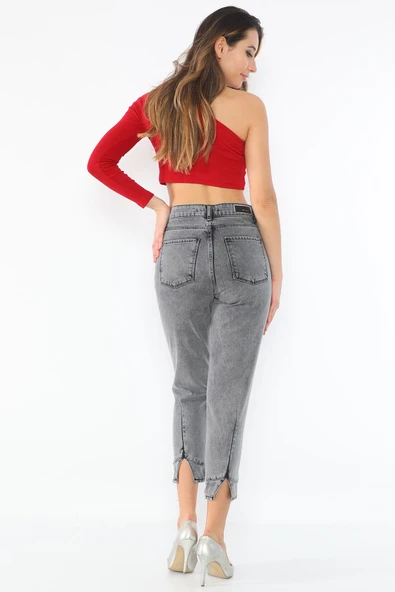 Yüksek Bel Paçası Yırtmaçlı Mom Jeans Kot Pantolon - 6