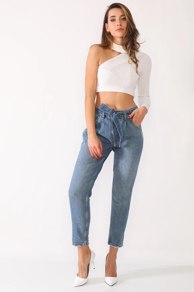 Kemerli Mom Jeans Kot Pantolon - 2