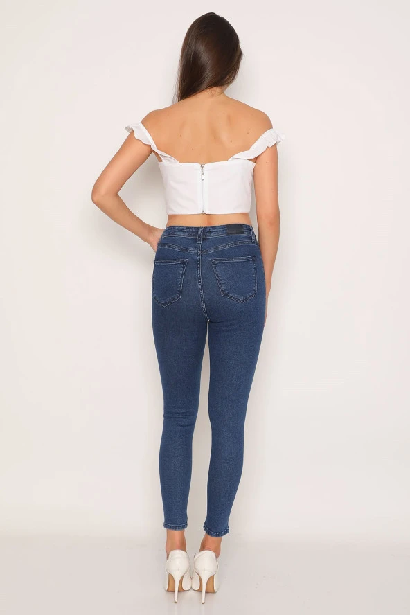 Yüksek Bel Yanları Taşlı Kot Pantolon - Resim 6