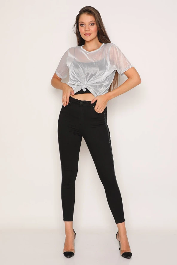 Yüksek Bel Yanları Taşlı Kot Pantolon - Resim 10