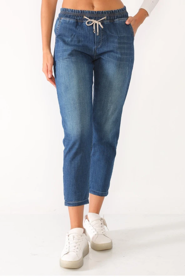 Likralı Beli Lastikli Kot Pantolon - 3