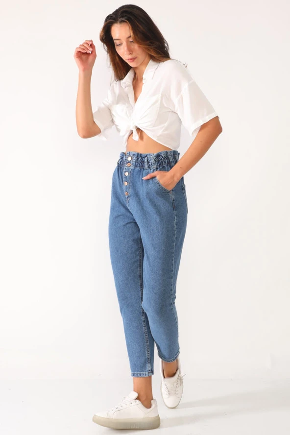 Yüksek Bel Düğmeli Beli Lastikli Kot Pantolon - 2