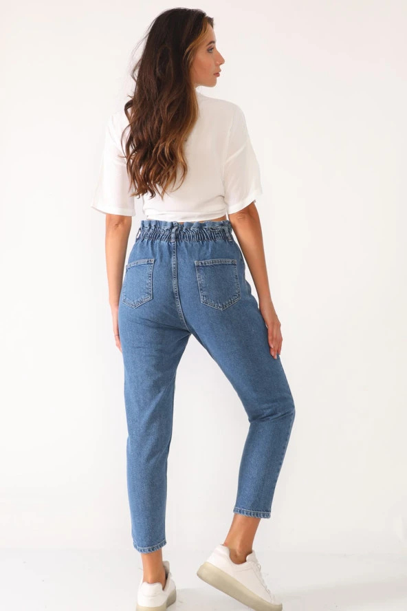 Yüksek Bel Düğmeli Beli Lastikli Kot Pantolon - 3