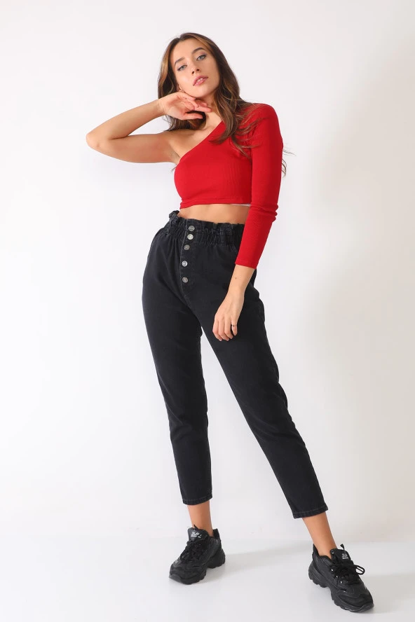 Yüksek Bel Düğmeli Beli Lastikli Kot Pantolon - 4