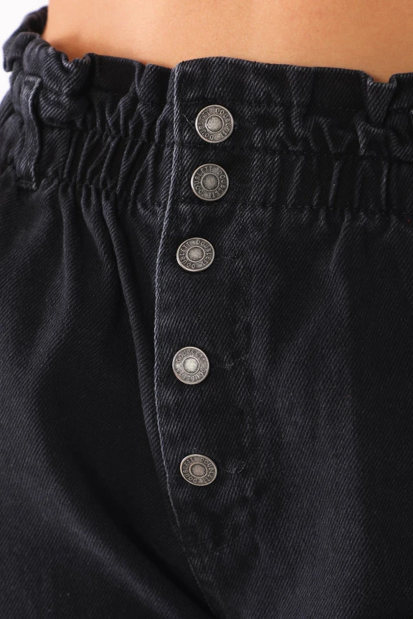 Yüksek Bel Düğmeli Beli Lastikli Kot Pantolon - 5