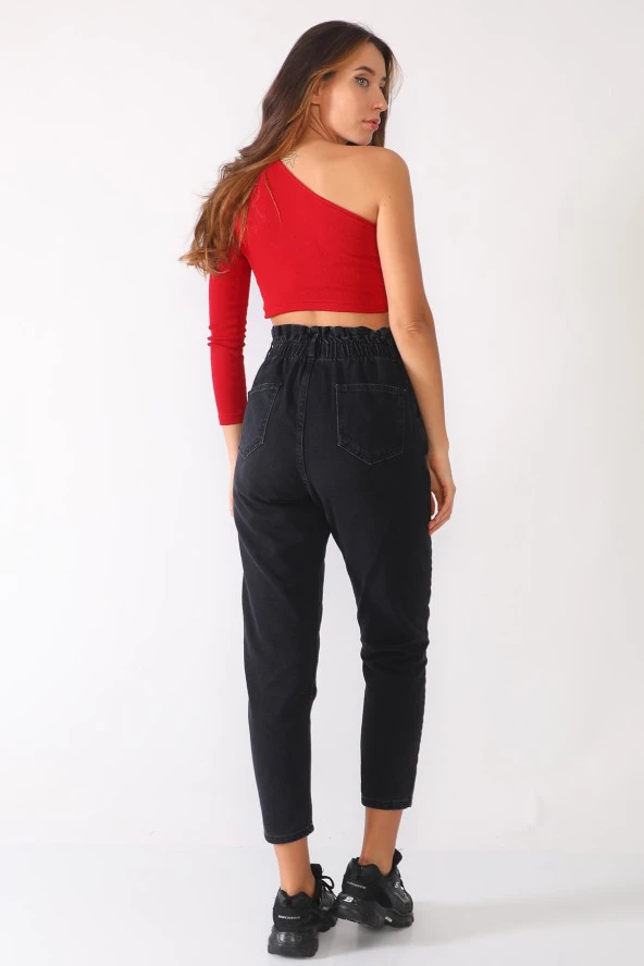 Yüksek Bel Düğmeli Beli Lastikli Kot Pantolon - 6