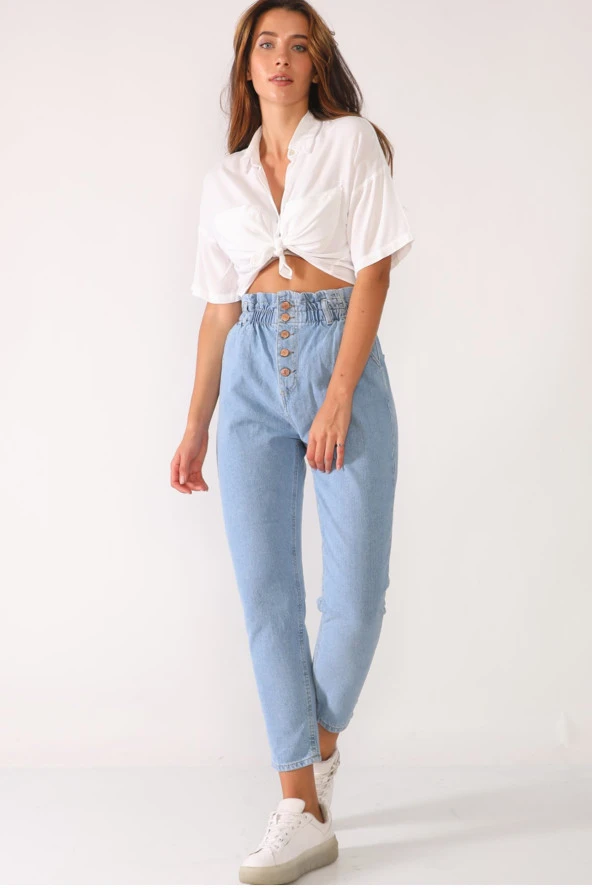 Yüksek Bel Düğmeli Beli Lastikli Kot Pantolon - 7