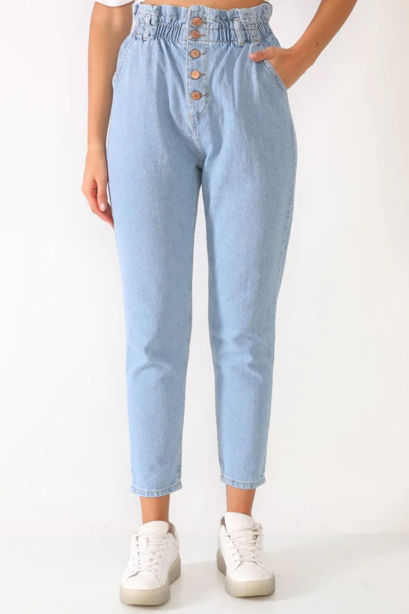 Yüksek Bel Düğmeli Beli Lastikli Kot Pantolon - 8