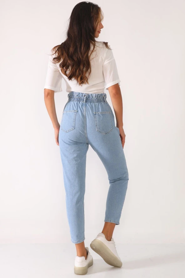 Yüksek Bel Düğmeli Beli Lastikli Kot Pantolon - 9