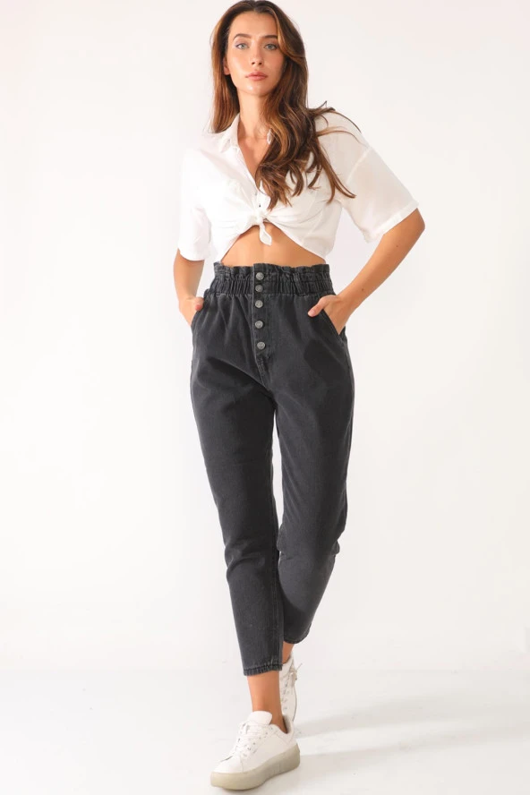 Yüksek Bel Düğmeli Beli Lastikli Kot Pantolon - 10