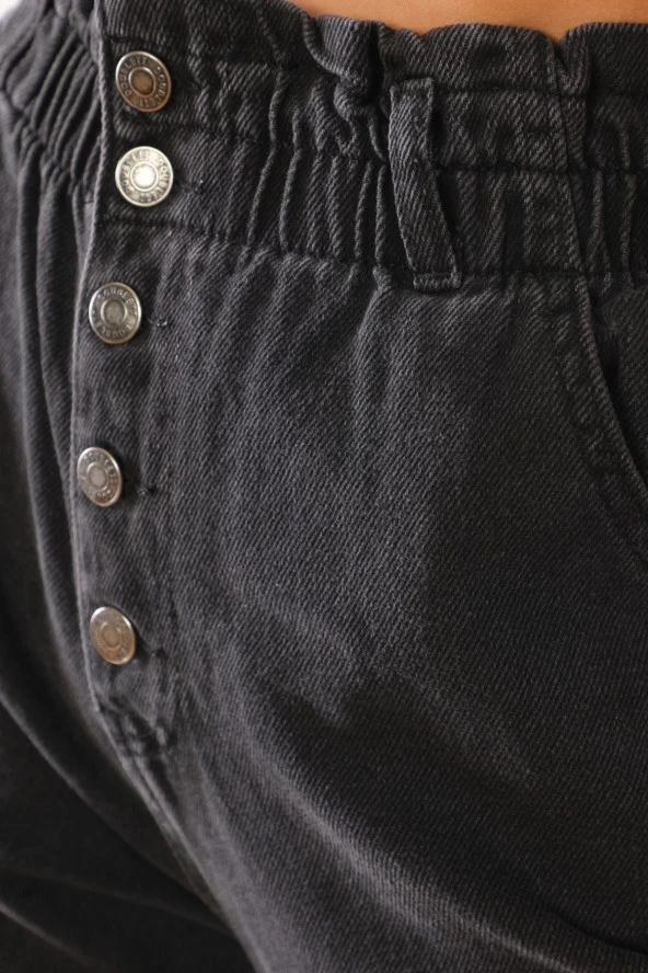 Yüksek Bel Düğmeli Beli Lastikli Kot Pantolon - 11