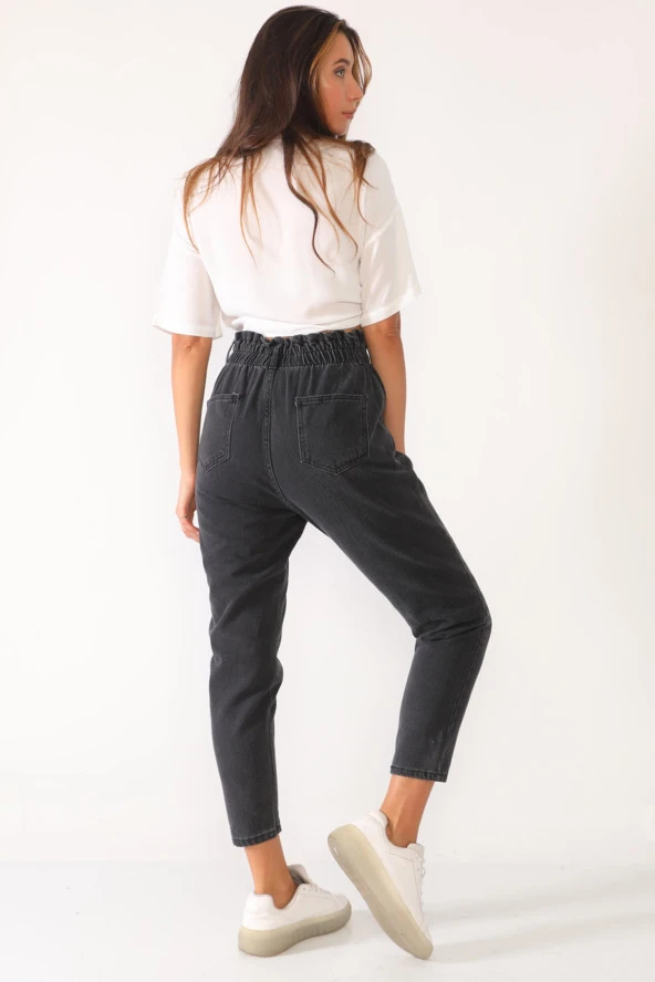 Yüksek Bel Düğmeli Beli Lastikli Kot Pantolon - 12