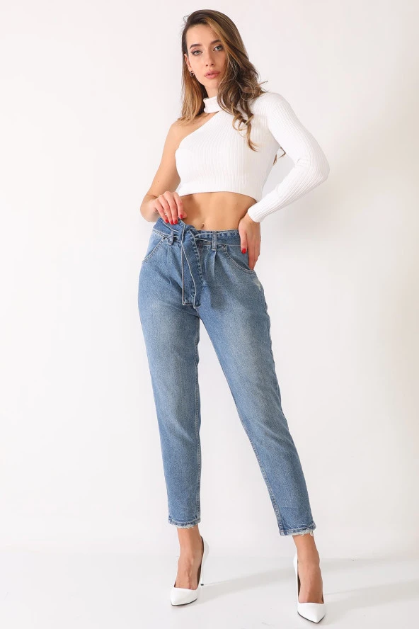 Kemerli Mom Jeans Kot Pantolon