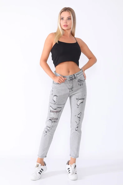 Dizde Pullu ve Yırtık Mom Jean Kot Pantolon - 8