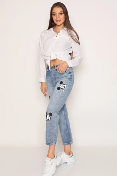 Yüksek Bel Baskılı Boyfriend Kot Pantolon - 2