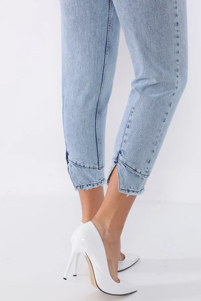 Yüksek Bel Paçası Yırtmaçlı Mom Jeans Kot Pantolon - 9