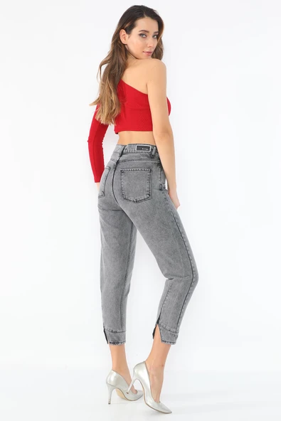 Yüksek Bel Paçası Yırtmaçlı Mom Jeans Kot Pantolon