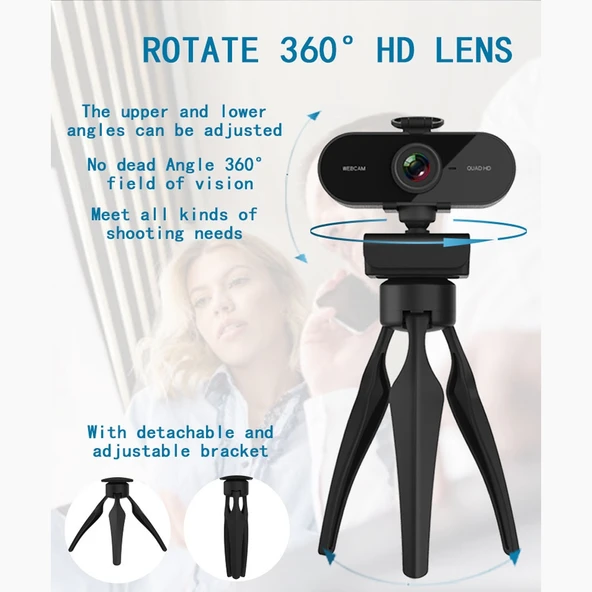 B1 4 Megapiksel 2K Çözünürlük HD 1080P 360 Derece Döner Webcam Mikrofonlu ve Tripodlu - 8