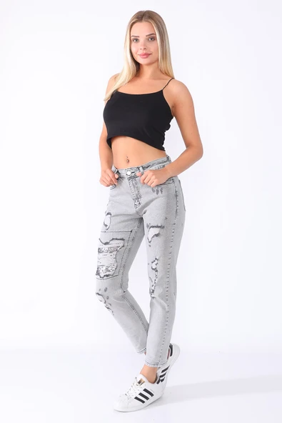 Dizde Pullu ve Yırtık Mom Jean Kot Pantolon - 7