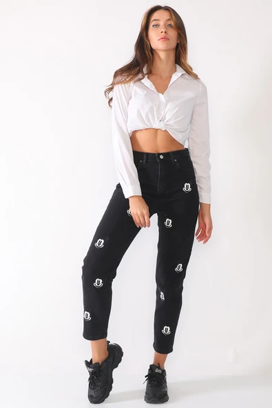 Yüksek Bel Taş Baskılı Boyfriend Kot Pantolon