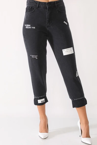 Baskılı Mom Jeans Kot Pantolon - 5