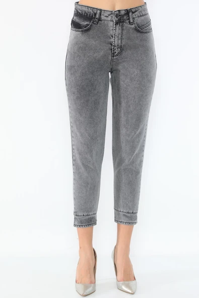 Yüksek Bel Paçası Yırtmaçlı Mom Jeans Kot Pantolon - 5