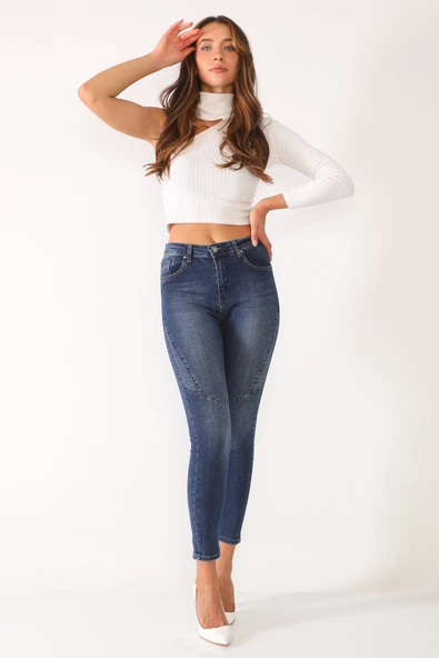 Likralı Yüksek Bel Parçalı Kot Pantolon - 4