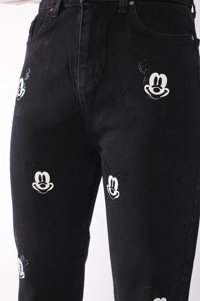 Yüksek Bel Taş Baskılı Boyfriend Kot Pantolon - 5