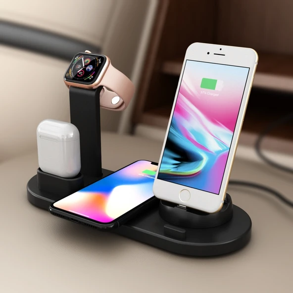 HQ UD15 5 in 1 Çoklu Şarj İstasyonu Siyah 8 Pin Micro USB USB-C Kablosuz Şarj ve Saat Standı - 5
