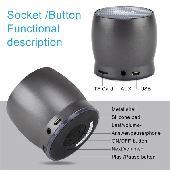 EWA A150 Taşınabilir Mini Bluetooth Hoparlör Siyah Gri Metal Subwoofer - 3