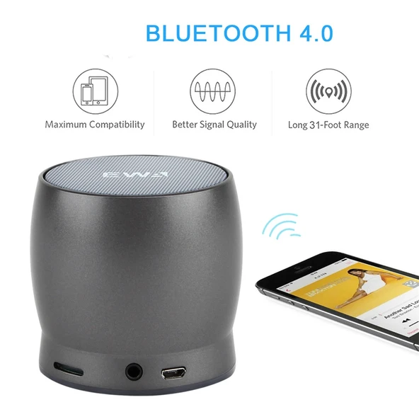 EWA A150 Taşınabilir Mini Bluetooth Hoparlör Siyah Gri Metal Subwoofer - 6
