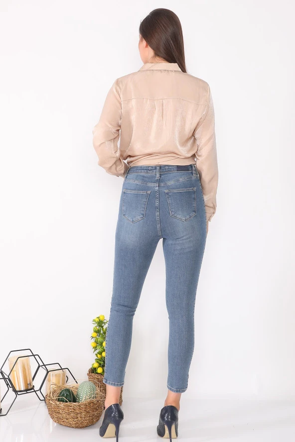 Yüksek Bel Likralı Yanları Akan Pullu Kot Pantolon - 9