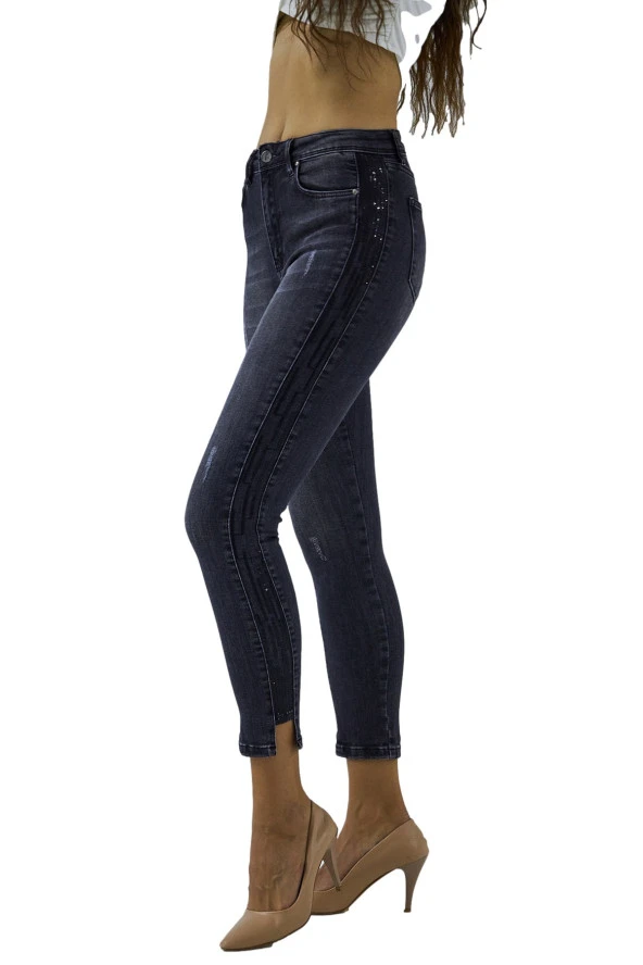 Yüksek Bel Likralı Yanları Akan Pullu Kot Pantolon - 10