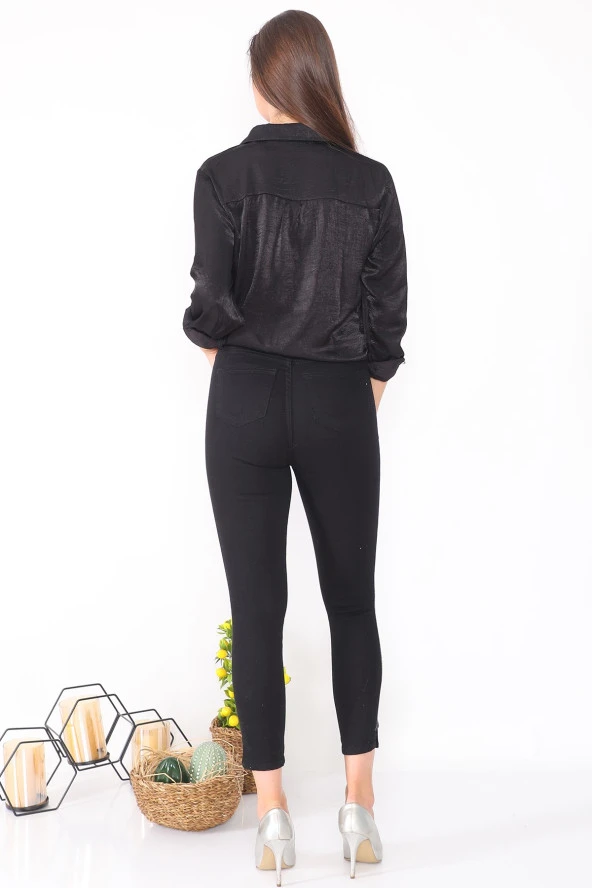 Yüksek Bel Likralı Yanları Akan Pullu Kot Pantolon - 12