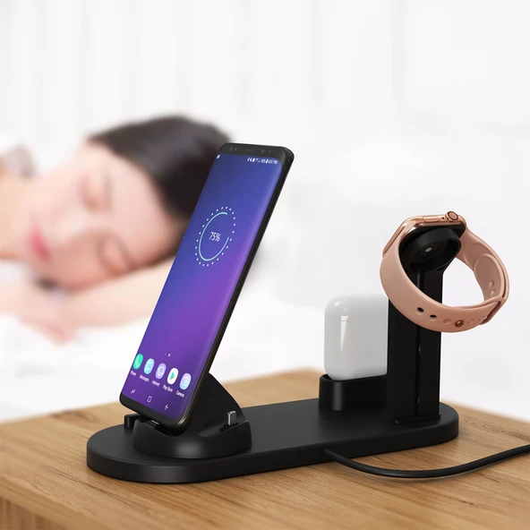 HQ UD15 5 in 1 Telefon Şarj Standı Siyah Kablosuz Şarj Özellikli Değil Micro USB USB C 8 Pin Kulaklık Şarj ve Saat Standı - 10