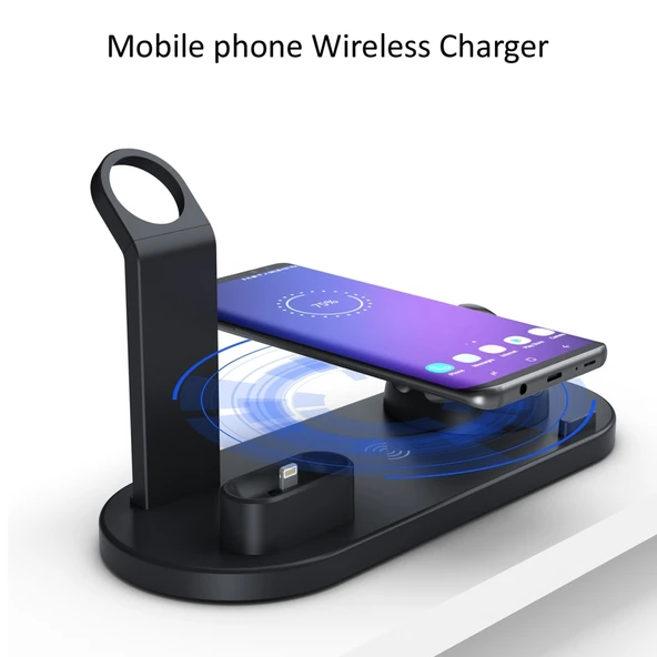 HQ UD15 5 in 1 Çoklu Şarj İstasyonu Siyah 8 Pin Micro USB USB-C Kablosuz Şarj ve Saat Standı - 3