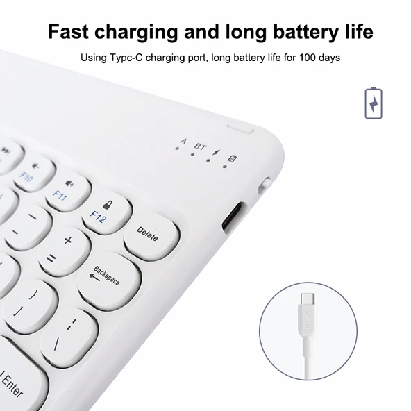 X3 10 inç Evrensel Tablet Yuvarlak Tuşlu Kablosuz Bluetooth Klavye Beyaz - 4