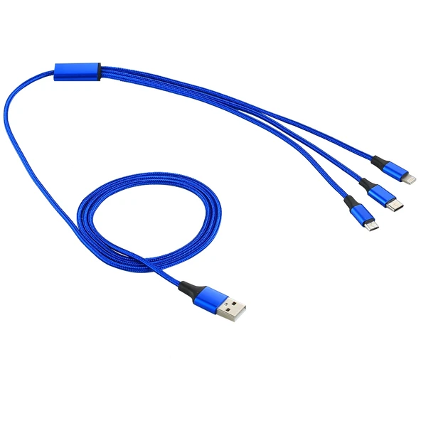 2A 1.2 Metre 3 in 1 USB 8 Pin USB-C ve Micro USB Naylon Örgü Şarj Kablosu Mavi - 3