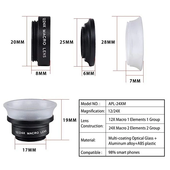 APEXEL APL-24X-H 2'si 1 Arada Evrensel Dış 12X ve 24X Makro Telefon Lensi ve Lens Kapağı - 6