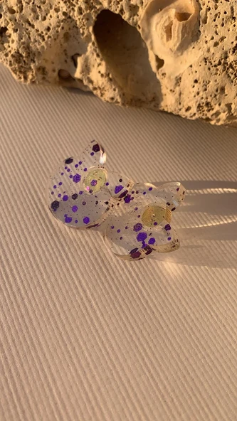 Şeffaf Renkli Kedi Köpek Yüzü Mor Glitterli Gold Aksesuarlı Büyük Epoksi Küpe El Yapımı Hediyelik - 3