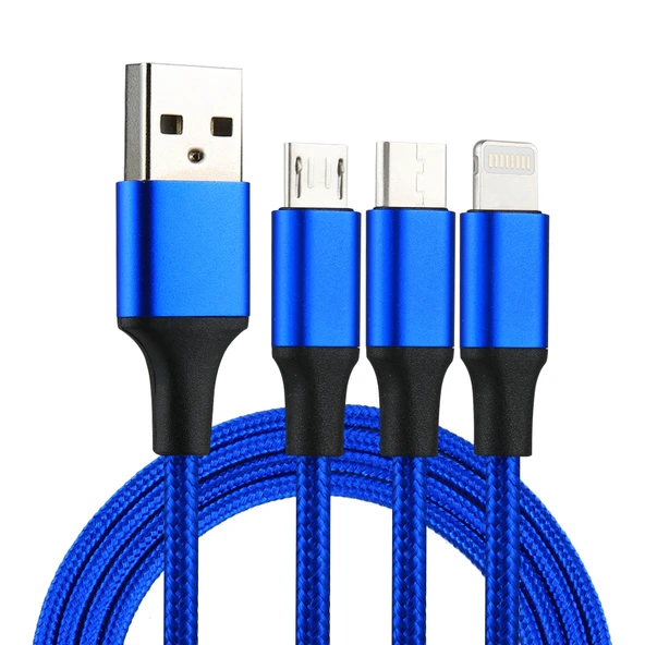 2A 1.2 Metre 3 in 1 USB 8 Pin USB-C ve Micro USB Naylon Örgü Şarj Kablosu Mavi