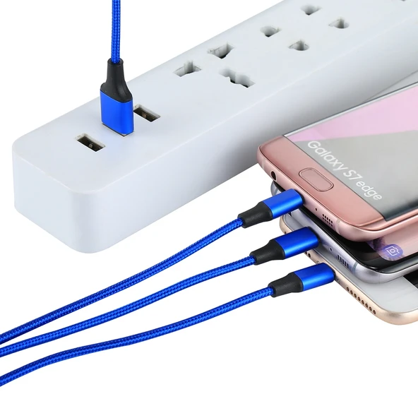 2A 1.2 Metre 3 in 1 USB 8 Pin USB-C ve Micro USB Naylon Örgü Şarj Kablosu Mavi - 4