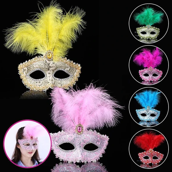 Mavi Dantel İşlemeli Mavi Tüylü Balo Parti Maskesi - Resim 2